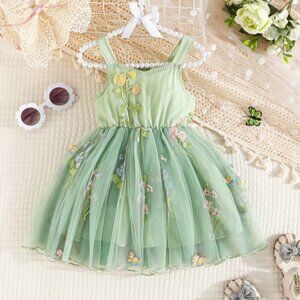 Girls Green Floral Flower Applique Sleeveless Dress